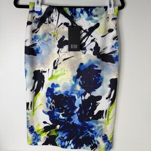 BEDO Abstract Floral Print Pencil Skirt - Blue & Lime - NWT